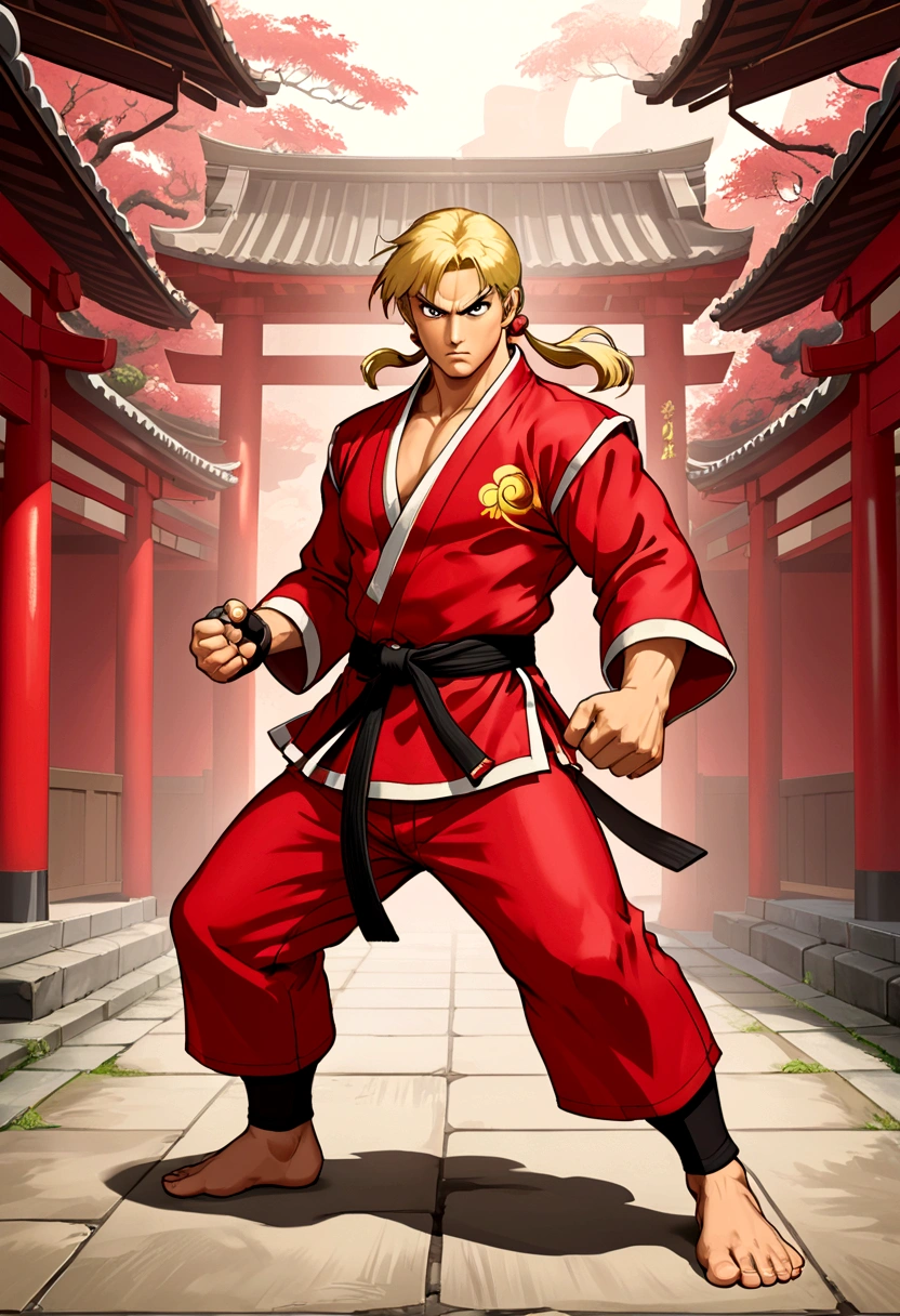 Create a full-body image of Ken from Street Fighter wearing his iconic red kimono, facing forward. The belt of his kimono should already have the name 'Tawkedow' clearly written on it. The background should be a dojo, highlighting Ken in a dynamic and powerful pose, ready for battle. His blonde hair should be clearly visible, and his expression should be intense and focused.