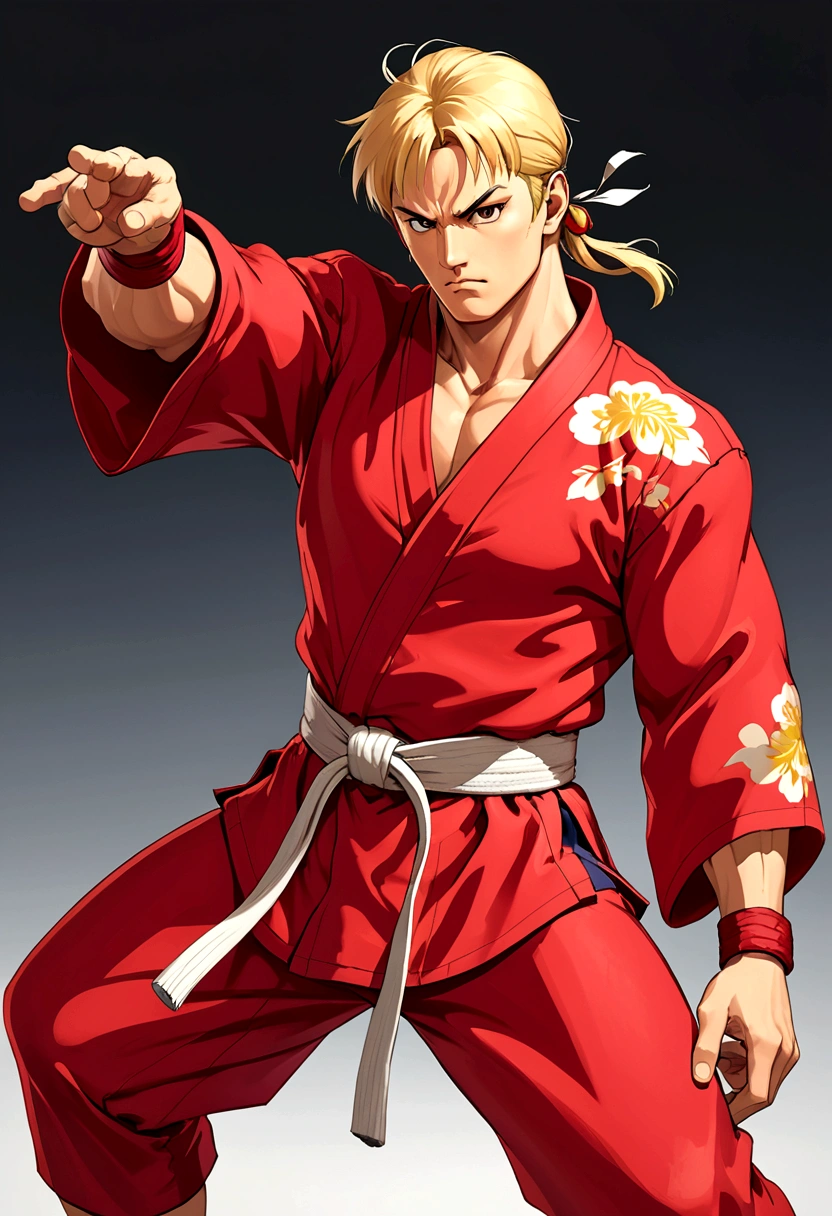Create a full-body image of Ken from Street Fighter wearing his iconic red kimono, facing forward. The belt of his kimono should already have the name 'Tawkedow' clearly written on it. The background should be a dojo, highlighting Ken in a dynamic and powerful pose, ready for battle. His blonde hair should be clearly visible, and his expression should be intense and focused.