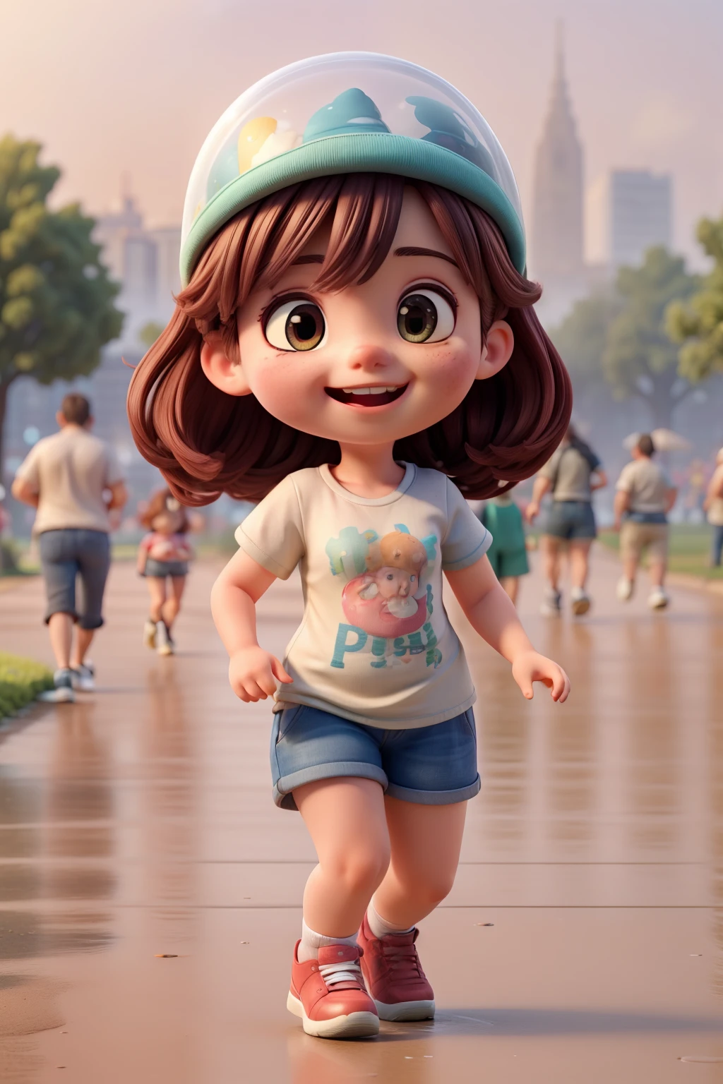 ((best quality)), ((masterpiece)), (detailed), a cute so fat litle girl runing with so many friends in the rains wearing casual t-shirts, she looks so happy, in the citypark(so many people around)