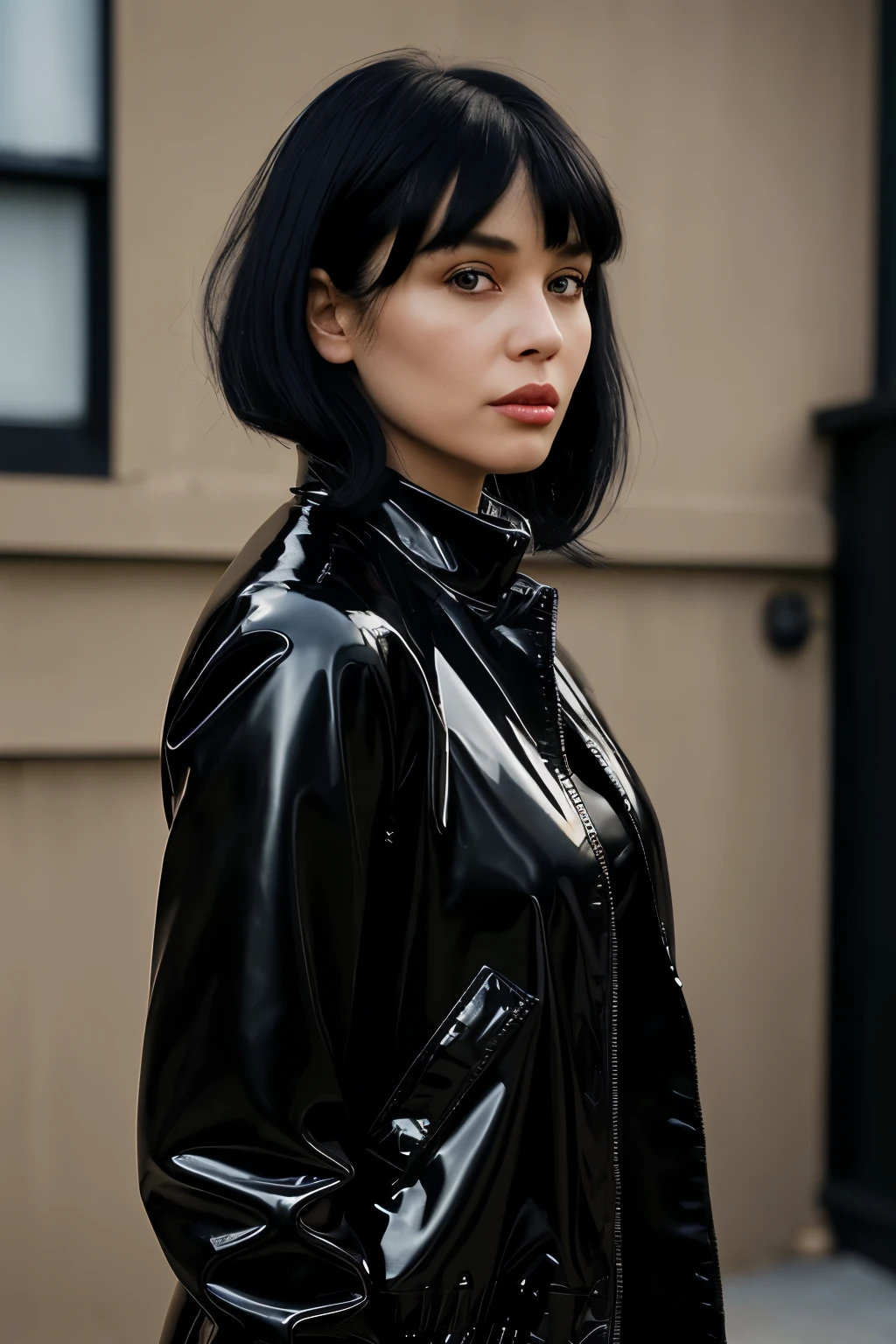 a photograph of dark haired female model, professional photoshoot, classic haute couture:0.7, glitch aesthetic:0.3, haute couture:0.7 , torso shot, medium shot, glamour shot, by Balenciaga high fashion creator ,