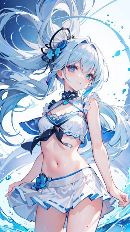 (best quality,4K,high resolution,Extremely detailed,Practical:1.2),,Light blue hair, beautiful blue eyes,Beautiful lips, friendly smile,Go out and play , flat chest , whole body