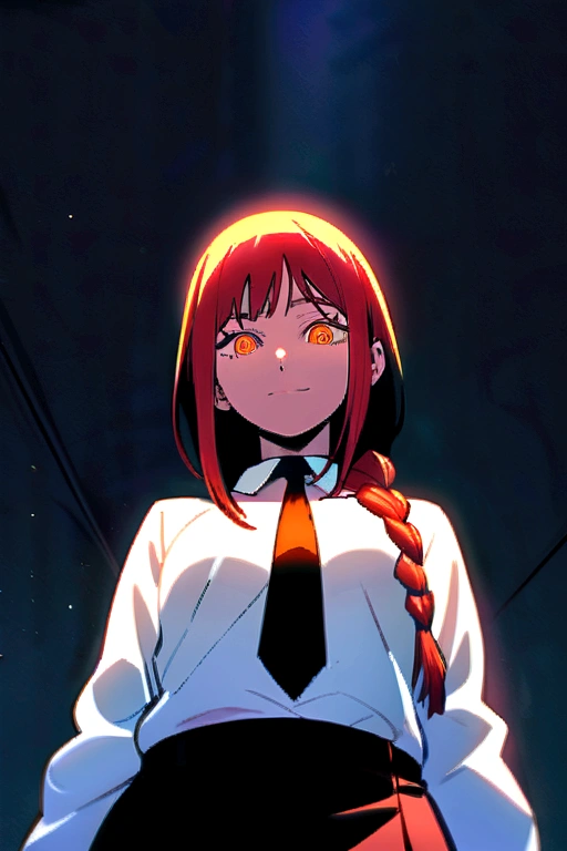 makima (chainsaw man), best quality, ultra detailed, 1girl, solo, standing, red hair, long braided hair, golden eyes, bangs, medium breasts, white shirt, necktie, stare, smile, (evil:1.2), looking at viewer, (interview:1.3), (dark background), from below, sharp contrast , gorgeous detailed eyes, focus , close up shot , glowing orange eyes,front view