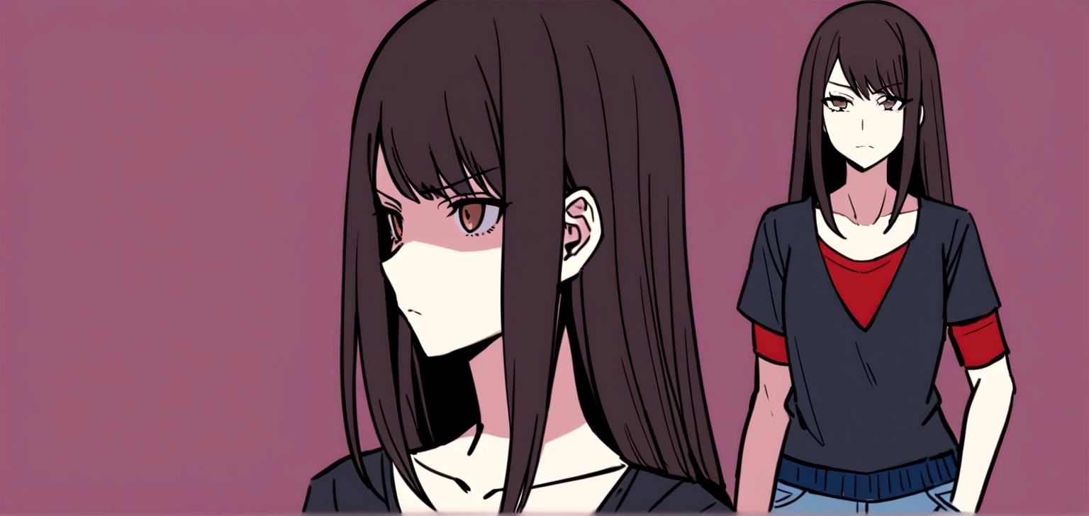 Ayumi Tanaka is a 23-year-old woman, of average height (1,65 m), With a slender body. She has long black hair, usually loose, and dark brown eyes that reflect sadness and depth. Your skin is fair and slightly pale. Ayumi prefers casual and discreet clothes, like jeans and simple t-shirts, often accompanied by an old coat. His expression is serious and determined, with a look that carries the weight of your experiences.