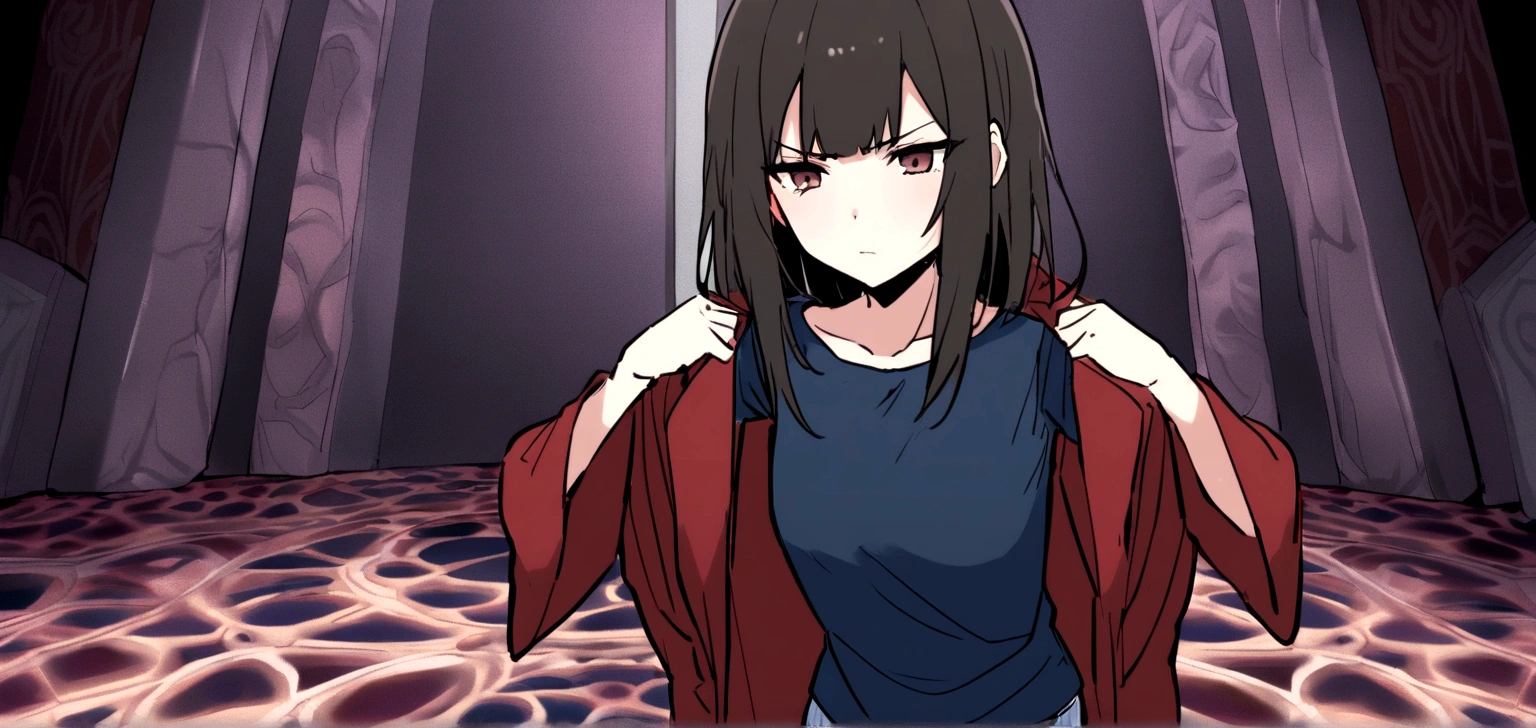 Ayumi Tanaka is a 23-year-old woman, of average height (1,65 m), With a slender body. She has long black hair, usually loose, and dark brown eyes that reflect sadness and depth. Your skin is fair and slightly pale. Ayumi prefers casual and discreet clothes, like jeans and simple t-shirts, often accompanied by an old coat. His expression is serious and determined, with a look that carries the weight of your experiences.