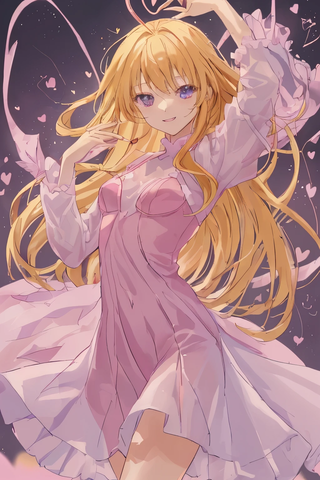 1_girl, (anime, kawai:2), (masterpeice, best_quality, simple, cute, dreamy, vibrant, clean:1.5), (cute, cute_smile, young:1.8), (delicate, beautiful, thin:1.5), (girlfriend, angel:1.6), (green_eyes, simple_eyes:1.5) (long_hair, blond_hair, wearing_pink_dress, pink_angel_wings, sexy_gloves:1.8), extremely_delicate, (love_magic:1.5), (age_size_fits_body), (small_thighs:1.3), (breasts), (eye_level:1.3), (heart_magic, love:1.5), (dancer:1.3)