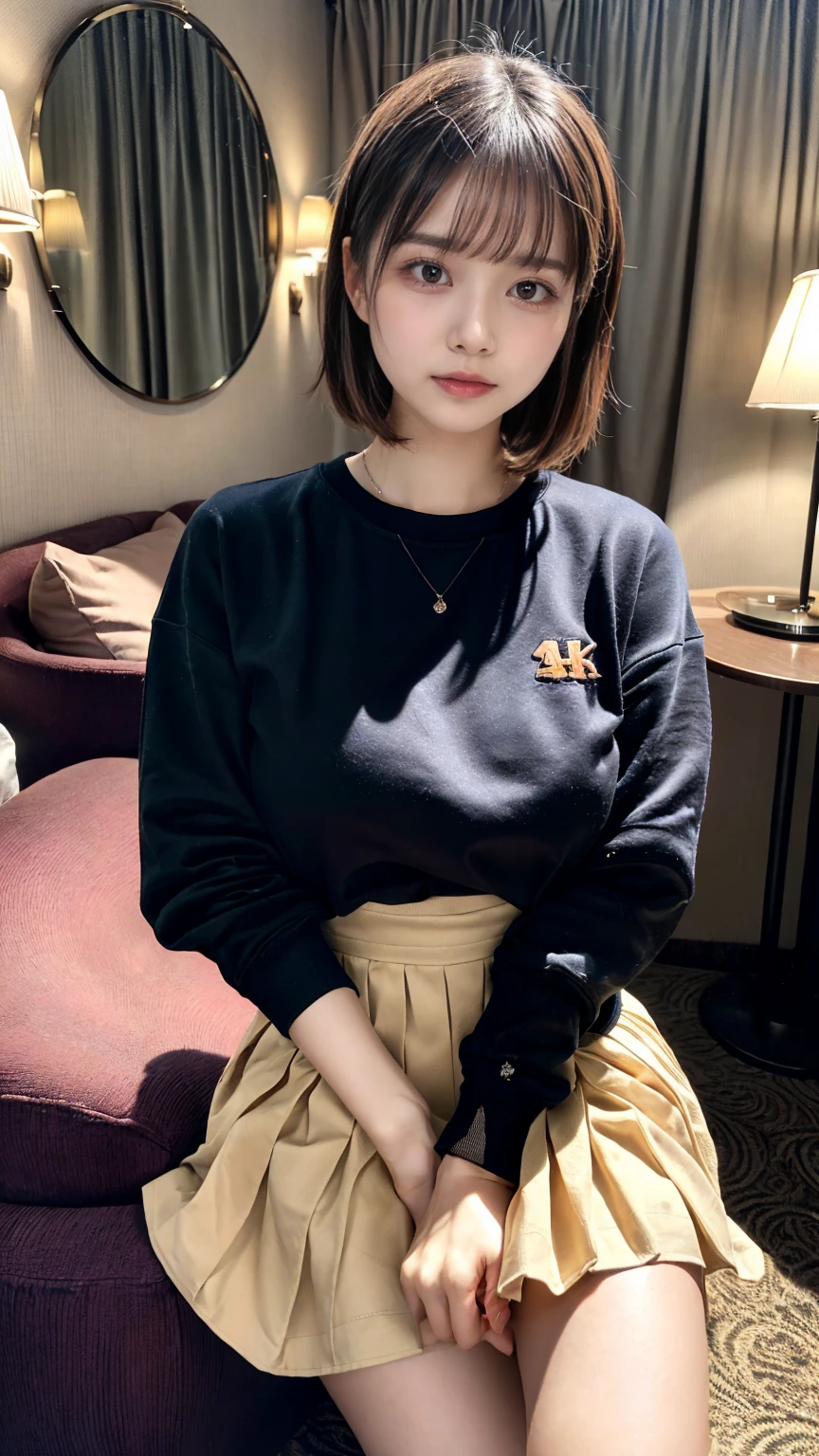 (8K, RAW Photos, Highest quality, masterpiece:1.3), (professional photography, full colors, studio-caliber color grading), (Gravure quality for high-end fashion magazines), close up, BREAK, 20 year old girl,(short bob hair:1.1), crying a little, Harajuku style, Big Natural Color Lip, (Plumpy body:1.2 (smooth skin:1.1 (huge breasts:1.2 (expresses the roundness and softness of the chest area..1.1 (Emphasize body line:1.1 BREAK (Highly detailed and elegant applique cotton jersey sweatshirt made of cotton jersey。, Pleated skirt, Features a relaxed and relaxed silhouette. BREAK (hotel room:1.2)
