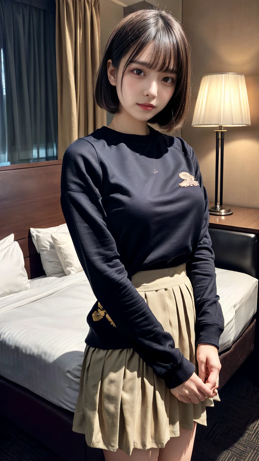 (8K, RAW Photos, Highest quality, masterpiece:1.3), (professional photography, full colors, studio-caliber color grading), (Gravure quality for high-end fashion magazines), close up, BREAK, 20 year old girl,(short bob hair:1.1), crying a little, Harajuku style, Big Natural Color Lip, (Plumpy body:1.2), (smooth skin:1.1), (huge breasts:1.2 (expresses the roundness and softness of the chest area..1.1 (Emphasize body line:1.1 BREAK (Highly detailed and elegant applique cotton jersey sweatshirt made of cotton jersey。, Pleated skirt, Features a relaxed and relaxed silhouette. BREAK (hotel room:1.2)