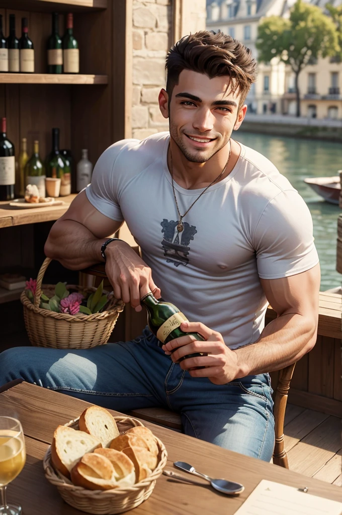 Young handsome cute white skinned smooth skinny beautiful face shirtless carrying water from an artecian well to a craft jug or parrot on his shoulder
