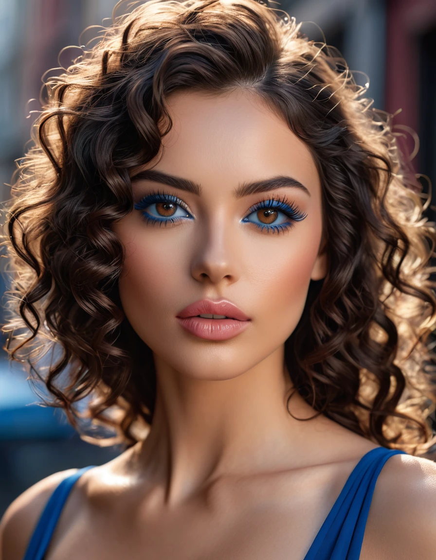 photorealistic Realism 16K Quality: (((hyper resolution, absurd detailed detail quality), absurd quality details clear non blurry and sharp perfectly round realistic brown_eyes:1.35), extreme Intricately details:1.35)), ([long(lashes)|perfect(eyeshadows)]:[blue|pink]), (super Detailed, beautiful little nose:1.2), (perfect composition), Depth of field, cinematic light, Lens flare, (extremely beautiful lips, eyes), a cute 1model:1.4 24yo, dslr, best high quality soft lighting, sharp focus captured by Fujifilm XT3, f 5.6, in a dramatic lighting, ((extremely beautiful cute sharp-face)), ((V-line jaw)), (light pale complexion), ((finely detailed pupils:1.4)), Perfekt makeup:1.35, ((detailed symmetrical lips:1.3)), pink_lipstick:1.3, ((long blue_eyeliner),extreme detailed:1.3), ((perfect dark_eyeshadows:1.35)), (Detailed nose:1.2), (perfect composition), (best high quality realistic texture skin), ((best high quality realistic texture long black hair, (curly waves), hyper Intricate details:1.45)), (Super beautiful body), (perfect female body:1.4), (small round head:1.4 (anatomically correct)), slim face, beautiful cheekbones, ((slim-muscled body:1.24)), ((firm and full breasts)), (super detailed professional makeup on face:1.3), perfect composition, (pale skin), ((dry skin)), (photorealistic, 4k,8k, insanel realistic details, masterpiece), vibrant:1.2, (Upper body shot), ((highly elaborate extravagant microscopic street outfit:1.25)), perfect composition, ((look at the viewer)), Hasselblad, 85mm f/4.0
