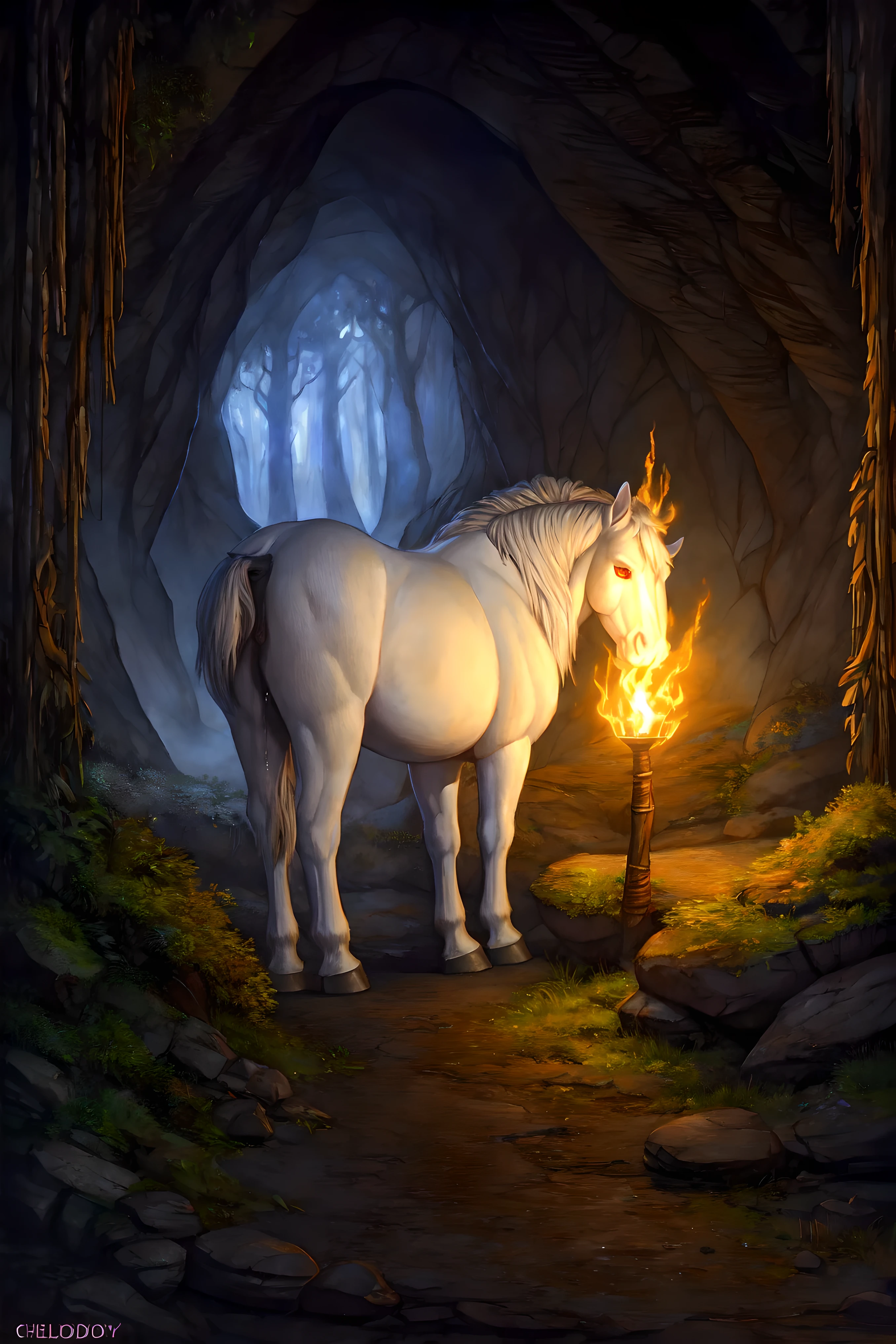 By chelodoy, White fur, white horse, Feral horse, pussy, anus, pussy juice, red eyes, glowing eyes, forest, night, foggy, looking at the viewer, smirk, cave on the background, torches in the cave