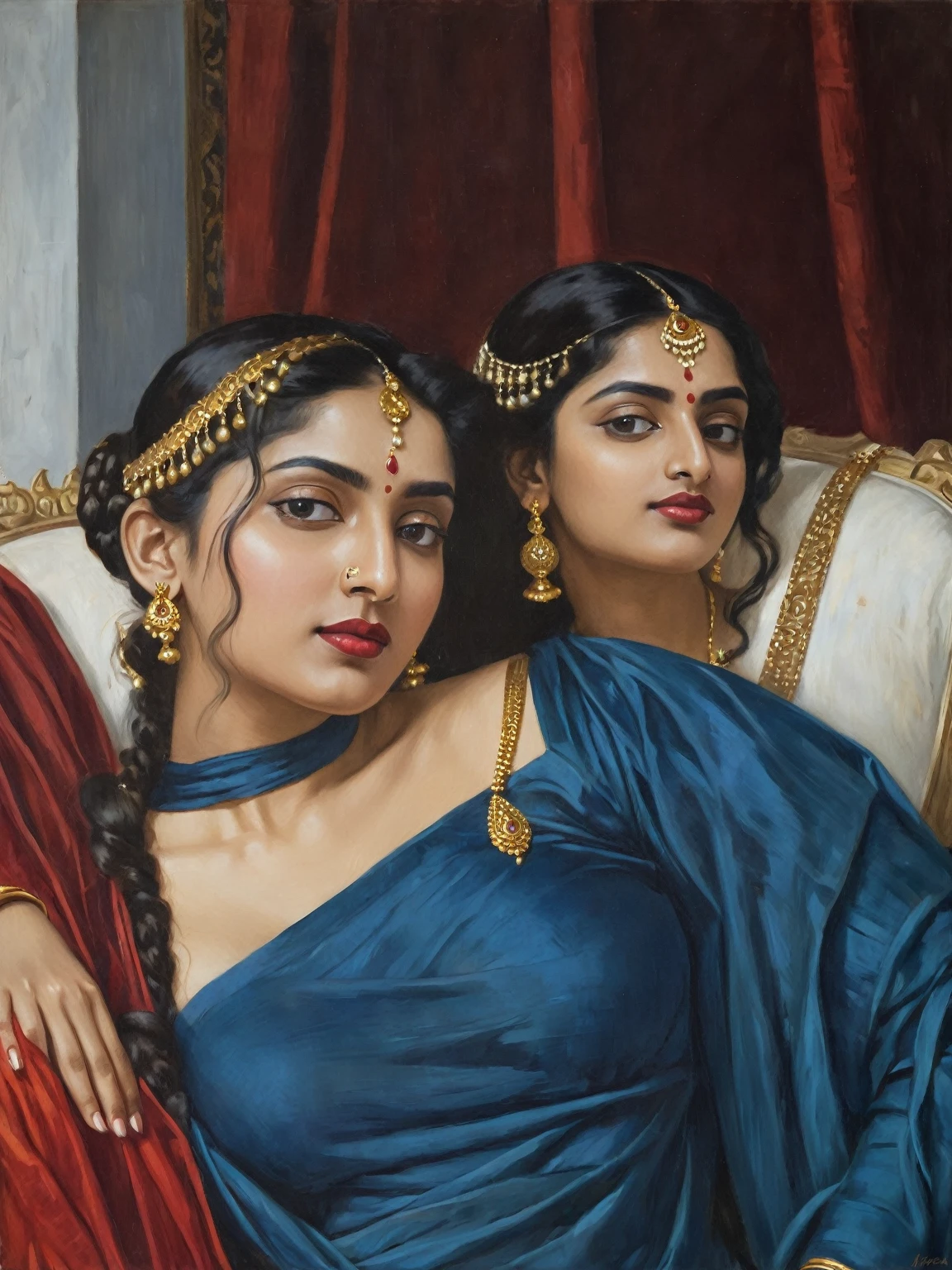 Masterpiece, painting of a woman in a blue dress with a red top and gold jewelry, inspired by Raja Ravi Varma, portrait of a beautiful goddess, by Raja Ravi Varma, a stunning portrait of a goddess, szukalski ravi varma, traditional beauty, indian goddess, beautiful goddess, portrait of modern darna, portrait of a goddess, goddess portrait, perfect body, proportional body, perfect body posture, masterpiece, Indian sensibility, exotic Indian art, 