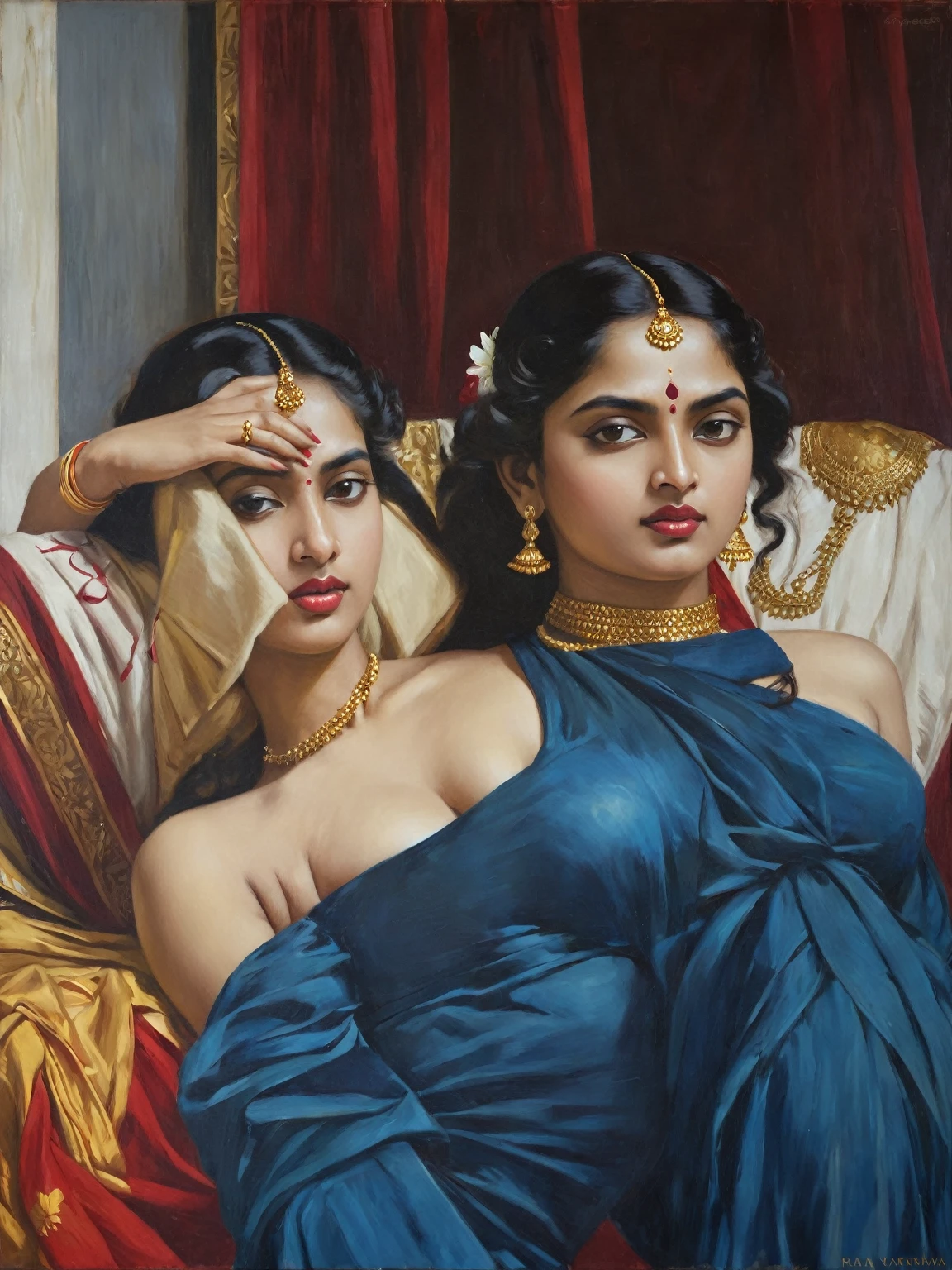 Masterpiece, painting of a woman in a blue dress with a red top and gold jewelry, inspired by Raja Ravi Varma, portrait of a beautiful goddess, by Raja Ravi Varma, a stunning portrait of a goddess, szukalski ravi varma, traditional beauty, indian goddess, beautiful goddess, portrait of modern darna, portrait of a goddess, goddess portrait, perfect body, proportional body, perfect body posture, masterpiece, Indian sensibility, exotic Indian art,