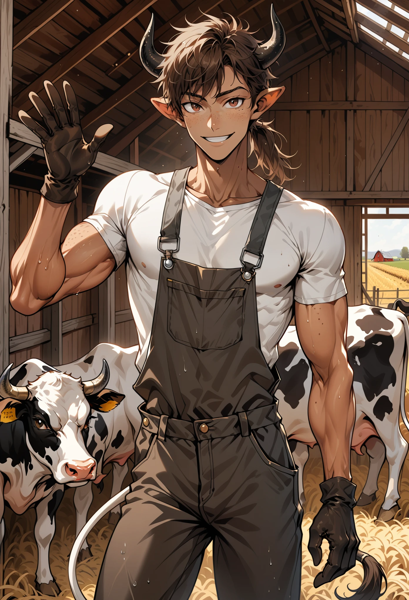 solo, male, black bull horns, tan skin, long messy brown hair, messy hair bangs, brown eyes, young male, farm, overalls and shirt, cow tail, slender waist, smile, t-shirt, ponytail, barn, freckles, slender male, close up, cow ears, very tall, gloves, bulging crotch, loose clothes, sweat, dirty, wink, waving, hand on hip, muscular, feminine male