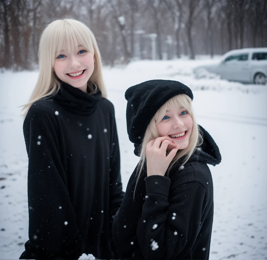 Tall pale blonde teenage girl with bangs soft silky hair in long black sweatshirt and black pants wearing a white Russian Soviet ushanka on her head smiling taking photo alone in the snowing snow 