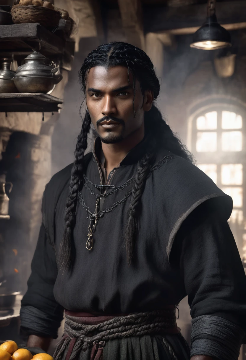 1 man, inside a medieval kitchen, wearing common medieval clothes, detailed facial features, dark and masculine eyes, detailed dark black skin, long dark black hair messy with small braids, strong expression, dramatic lighting, cinematic composition, cold and dark palette dark colors, atmospheric fog, handsome and masculine face, strong chin, manly man, (best quality, 4K, 8K, high resolution, art: 1.2), ultra-detailed, (realistic, photorealistic, photorealistic: 1.37)