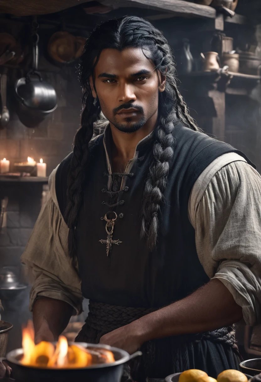 1 man, inside a medieval kitchen, wearing common medieval clothes, detailed facial features, dark and masculine eyes, detailed dark black skin, long dark black hair messy with small braids, strong expression, dramatic lighting, cinematic composition, cold and dark palette dark colors, atmospheric fog, handsome and masculine face, strong chin, manly man, (best quality, 4K, 8K, high resolution, art: 1.2), ultra-detailed, (realistic, photorealistic, photorealistic: 1.37)
