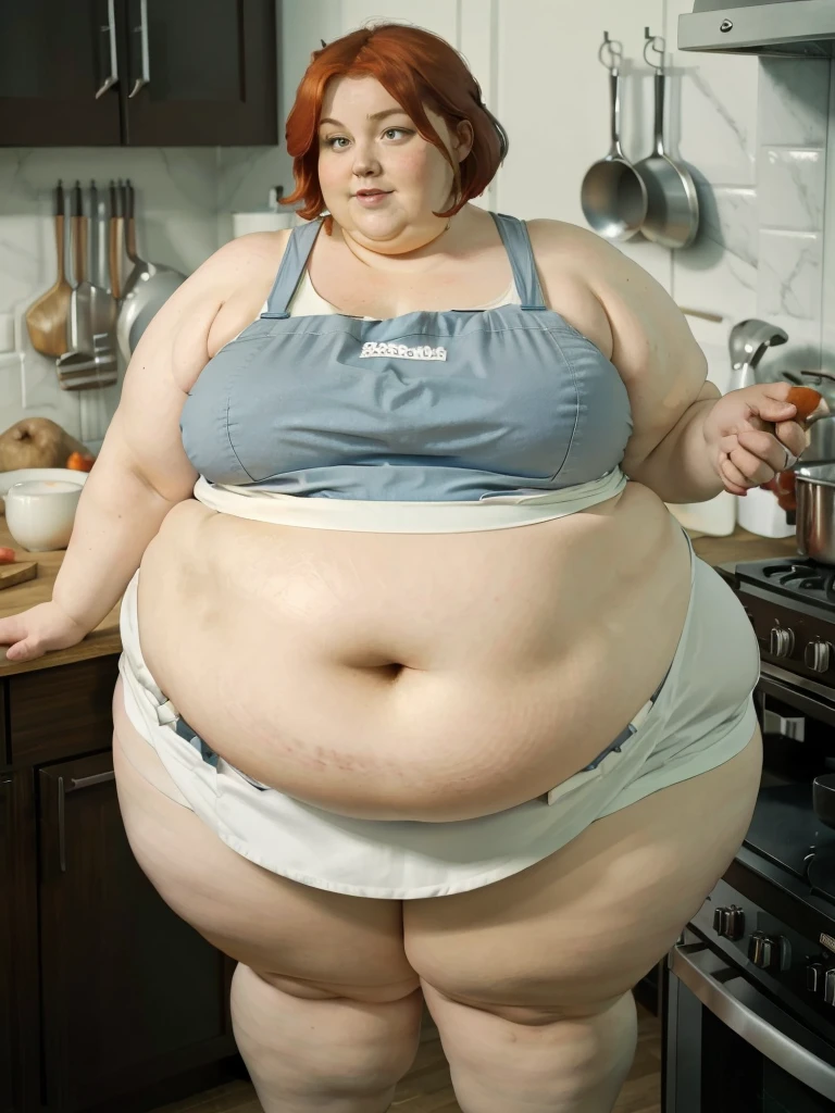 A muffin-baking photo of a middle-aged beautiful bottom heavy tradwife redhead ssbbw with pear-bodyhape, extreme wide hips, with short ginger hair soft fat belly, extremely wide fat obese hips, very obese legs, thick fat wide legs and fat arms, huge wide butt, cute pretty face, small breasts, blue eyes, freckles, in a long cooking apron in a kitchen, there is a plate of muffins on the desk