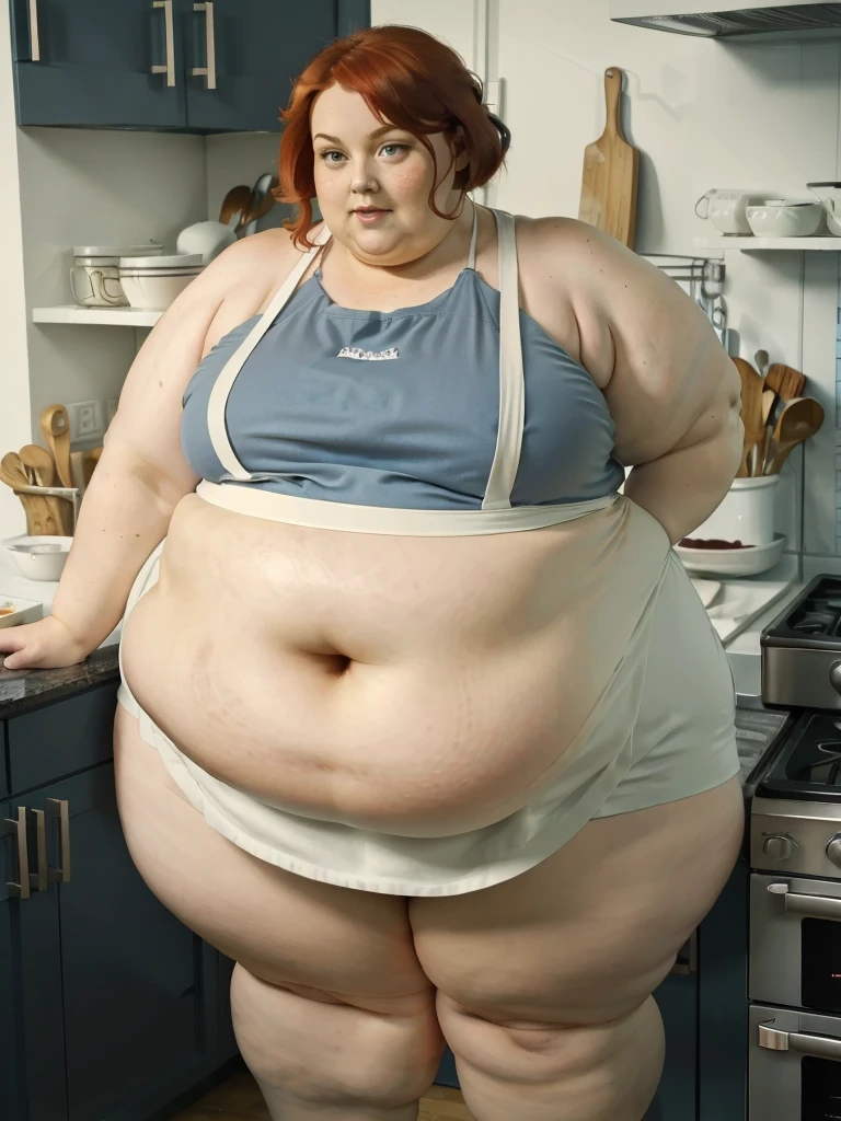 A muffin-baking photo of a middle-aged beautiful bottom heavy tradwife redhead ssbbw with pear-bodyhape, extreme wide hips, with short ginger hair soft fat belly, extremely wide fat obese hips, very obese legs, thick fat wide legs and fat arms, huge wide , cute pretty face, small breaue eyes, freckles, in a long cooking apron in a kitchen, there is a plate of muffins on the desk