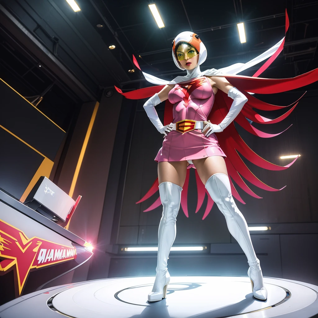 ANI_CLASSIC_jun_gatchaman_ownwaifu,1girl, ,good anatomy, masterpiece, best quality,realistic, hyperrealistic, 16k hdr,breasts,green eyes,lips,large breasts,lipstick,makeup,gloves,cape,helmet,belt,elbow gloves,white gloves,mask,ultra miniskirt,leotard,spacesuit,white tight overknee highheels boots,pink dress,superhero,bodysuit,cleavage,erected nipples,((stand pose,hands on hip,view from below)),cameltoe