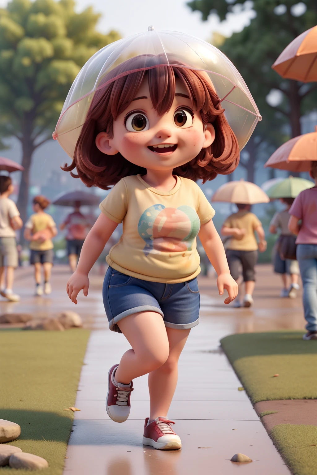 ((best quality)), ((masterpiece)), (detailed), a cute so fat litle girl runing with so many friends in the rains wearing casual t-shirts, she looks so happy, in the citypark(so many people around)