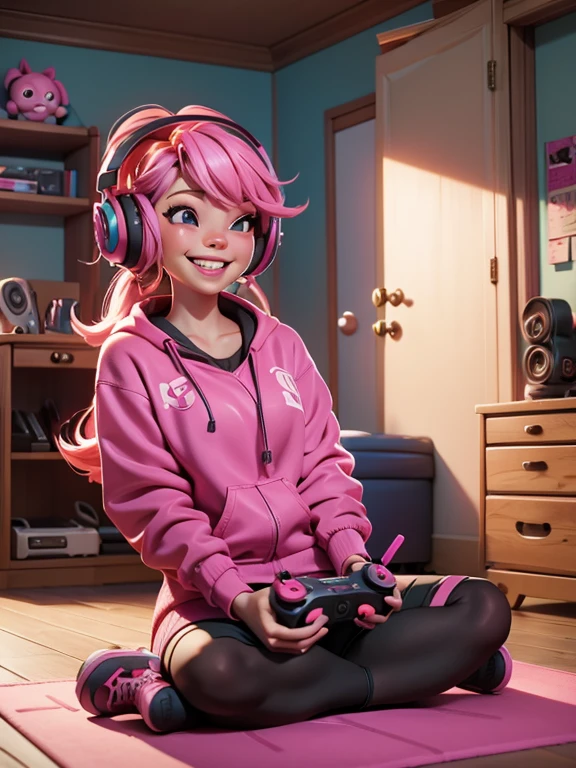 a woman with pink hair with headphones sitting on the floor with a video game controller in one hand, she is laughing, happy, smiling. She is alone in the room.