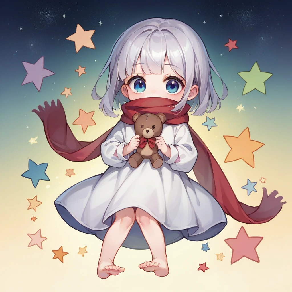 (((masterpiece))), (((best quality))),(((high detail))),light manipulation, girl with silver hair, gradient purple to sky blue eyes, wearing a white dress, a red scarf, (((loli))), (((child))) , galaxy background, holding a teddy bear, feet, no footwear