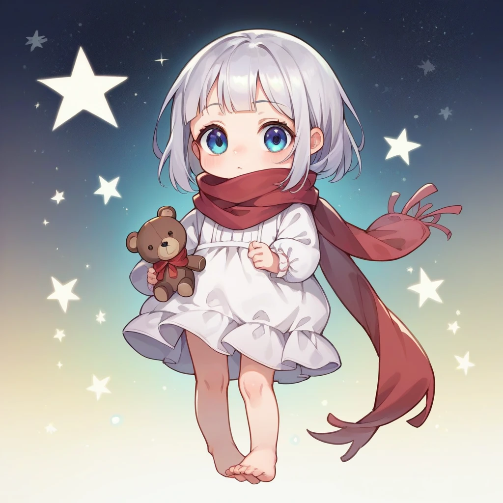 (((masterpiece))), (((best quality))),(((high detail))),light manipulation, girl with silver hair, gradient purple to sky blue eyes, wearing a white dress, a red scarf, (((loli))), (((child))) , galaxy background, holding a teddy bear, feet, no footwear