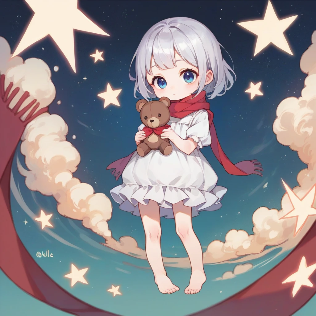 (((masterpiece))), (((best quality))),(((high detail))),light manipulation, girl with silver hair, gradient purple to sky blue eyes, wearing a white dress, a red scarf, (((loli))), (((child))) , galaxy background, holding a teddy bear, feet, no footwear