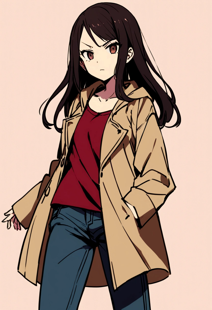 Ayumi Tanaka is a 23-year-old woman, of average height (1,65 m), With a slender body. She has long black hair, usually loose, and dark brown eyes that reflect sadness and depth. Your skin is fair and slightly pale. Ayumi prefers casual and discreet clothes, like jeans and simple t-shirts, often accompanied by an old coat. His expression is serious and determined, with a look that carries the weight of your experiences.