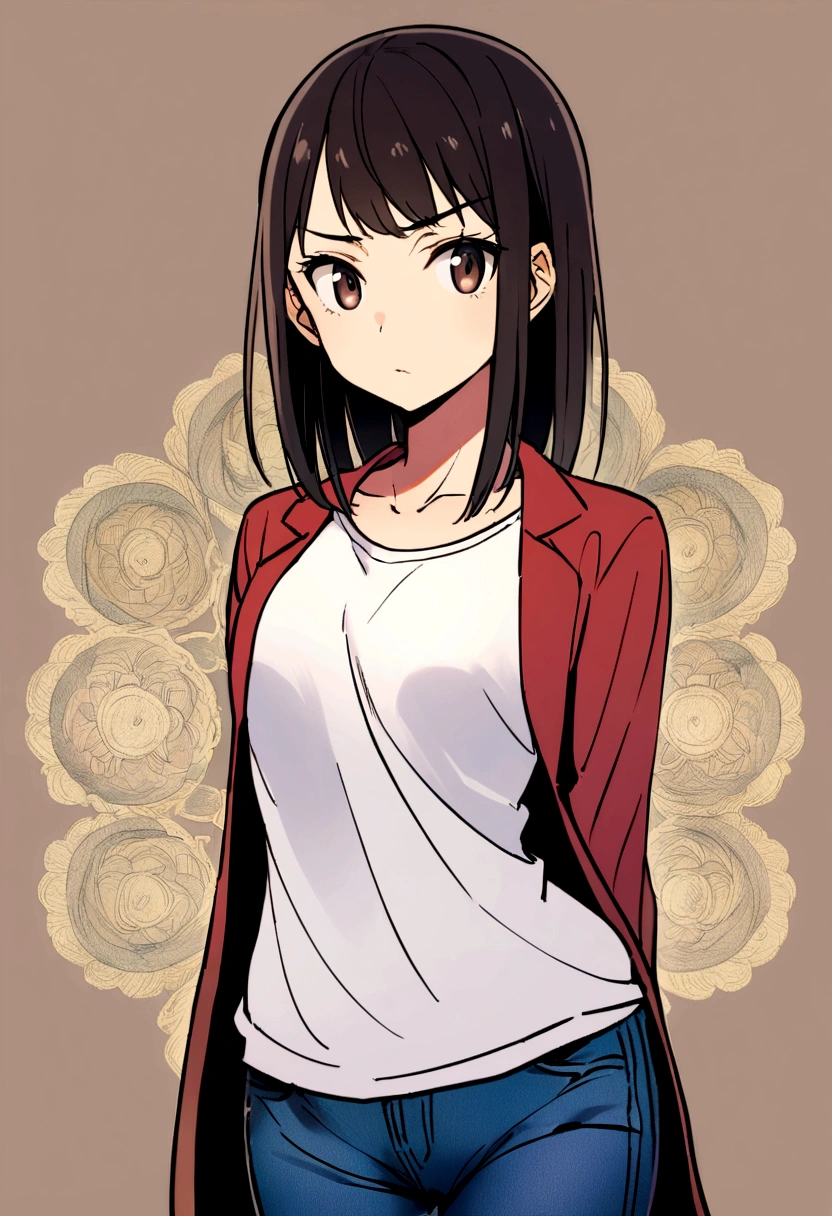 Ayumi Tanaka is a 23-year-old woman, of average height (1,65 m), With a slender body. She has long black hair, usually loose, and dark brown eyes that reflect sadness and depth. Your skin is fair and slightly pale. Ayumi prefers casual and discreet clothes, like jeans and simple t-shirts, often accompanied by an old coat. His expression is serious and determined, with a look that carries the weight of your experiences.