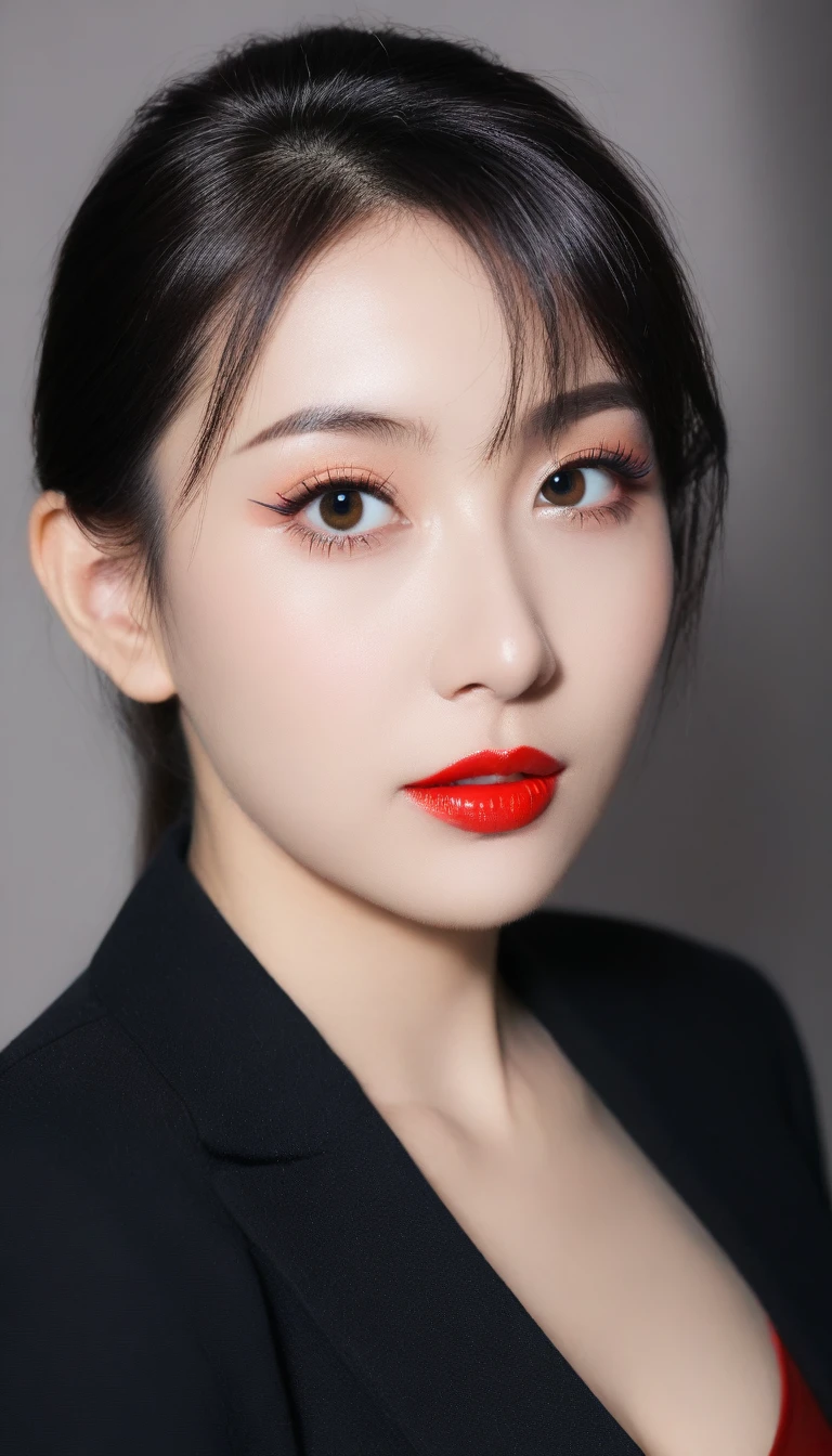 Ultra-realistic movie master pie with ultra-detailed primetime portraits, high quality, 8K, table top, Ultra HD), 1 girl 40 years old、nude supermodel, ((Random style and color hair)), masterpiece, high quality, high quality, High resolution、(close up of face), black_mascara put in Long eyelashes:1.5, dark (eyesshadows:1.35), (Glossy) red_lips:1.24, ((brown_eyes)), (iridescent eyes), vibrant eyes:1.35, high contrast, dark shot:1.5, (seductive smile), ((pink_makeup cheeks:1.2))