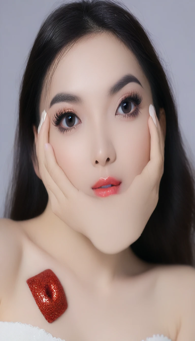 Ultra-realistic movie master pie with ultra-detailed primetime portraits, high quality, 8K, table top, Ultra HD), 1 girl 40 years old、nude supermodel, ((Random style and color hair)), masterpiece, high quality, high quality, High resolution、(close up of face), black_mascara put in Long eyelashes:1.5, dark (eyesshadows:1.35), (Glossy) red_lips:1.24, ((brown_eyes)), (iridescent eyes), vibrant eyes:1.35, high contrast, dark shot:1.5, (seductive smile), ((pink_makeup cheeks:1.2))