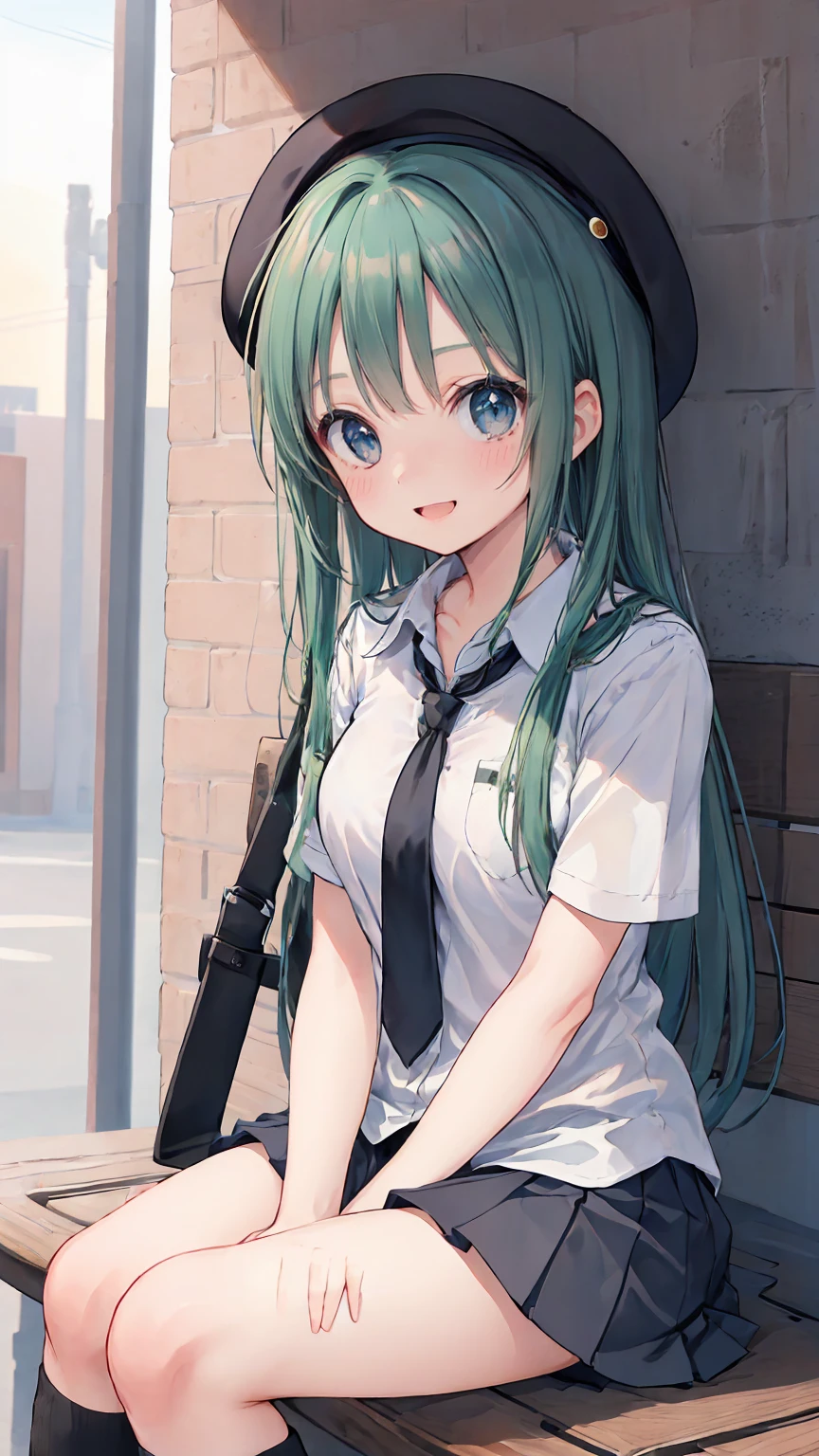 (masterpiece, highest quality), High resolution, Detailed_face:1.2, (anime_style:1.2), Sharpness, 4K, BREAK 1girl, A woman taking a photo, happy smile, Panic face, upset, Open your mouth, Long Hair, Green Hair, Straight hair, Fine skin, Beautiful Hands, Beautiful fingers, Wearing a beret, tie, Short sleeve blouse, Pleated skirt, Thighs, Absolute area, Knee socks, hand between legs, Hot summer day, School, Schoolyard, Sitting on a bench, drink Canned juice, Natural light, Sharp focus, Hasselblad Photography, Cinema Lighting, whole body, 