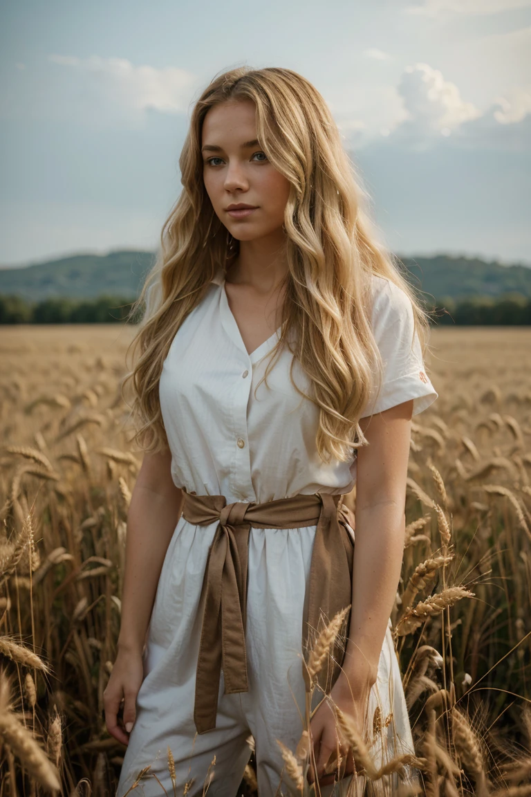Woman in the field of wheat, wearing red white and blue, blonde wavy hair