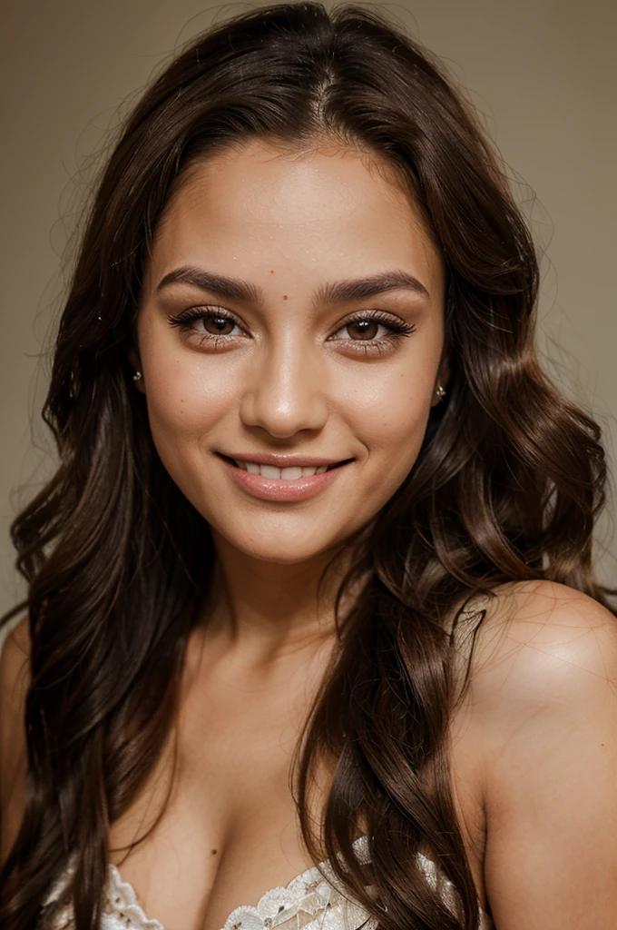 26 year old Latina glamor model, detailed eyes, eyelashes, forehead, long wavy hair, brown hair, looking at viewer, smile