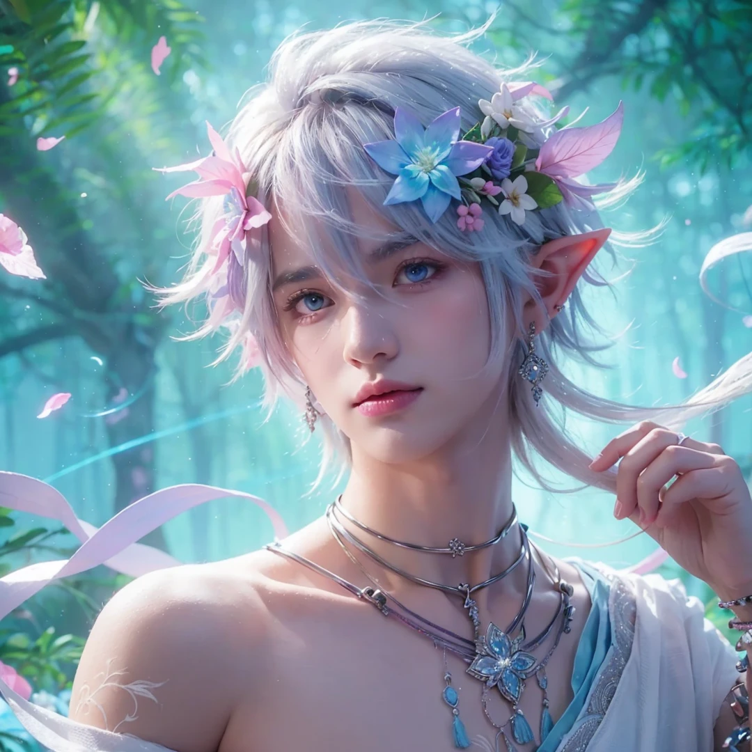 Handsome boy, white hair, white eyes, wearing light blue and pink flower crown, wearing white indian loin-cloth, elf ear, "surrounded by light blue, pink, and purple light, magic forest background