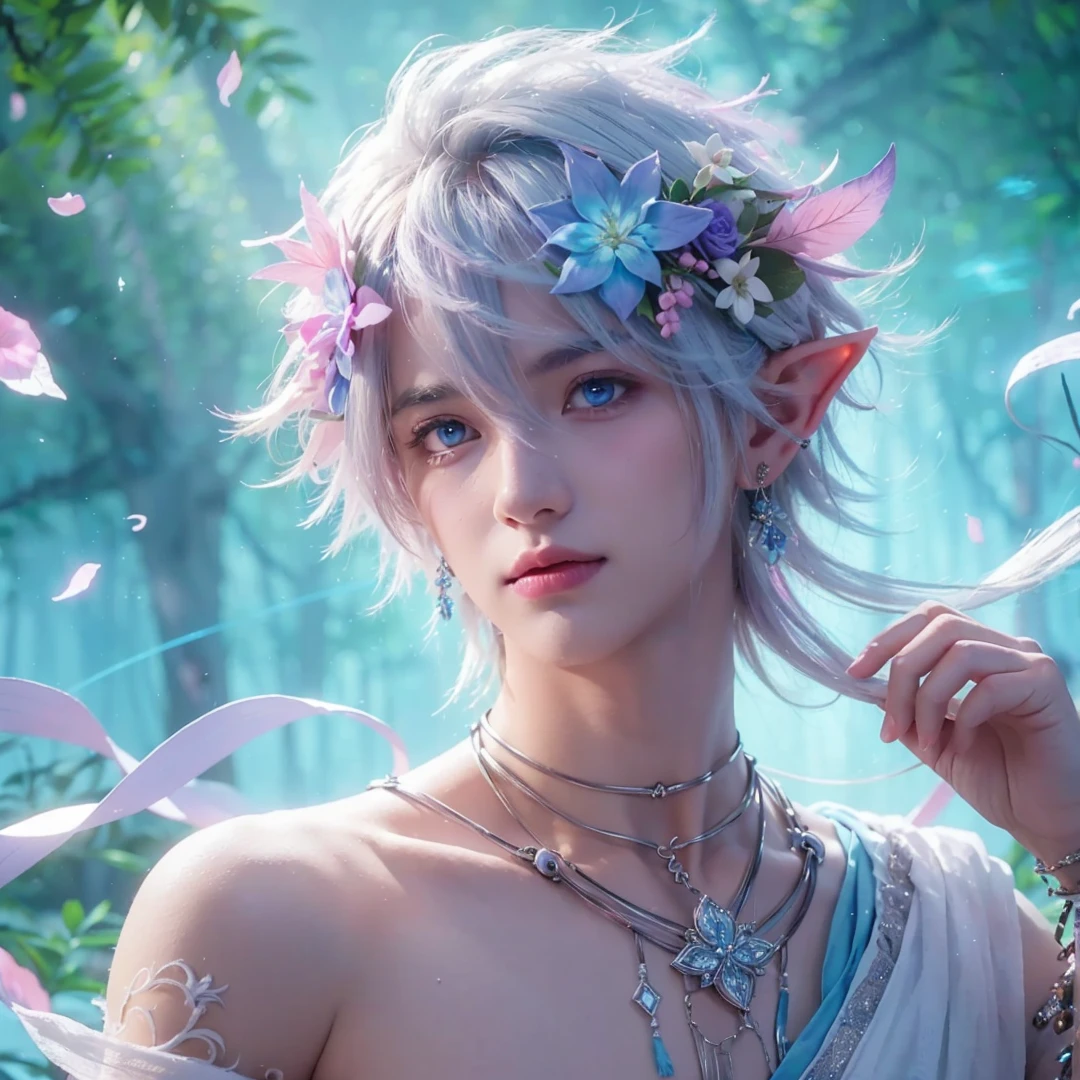 Handsome boy, white hair, white eyes, wearing light blue and pink flower crown, wearing white indian loin-cloth, elf ear, "surrounded by light blue, pink, and purple light, magic forest background
