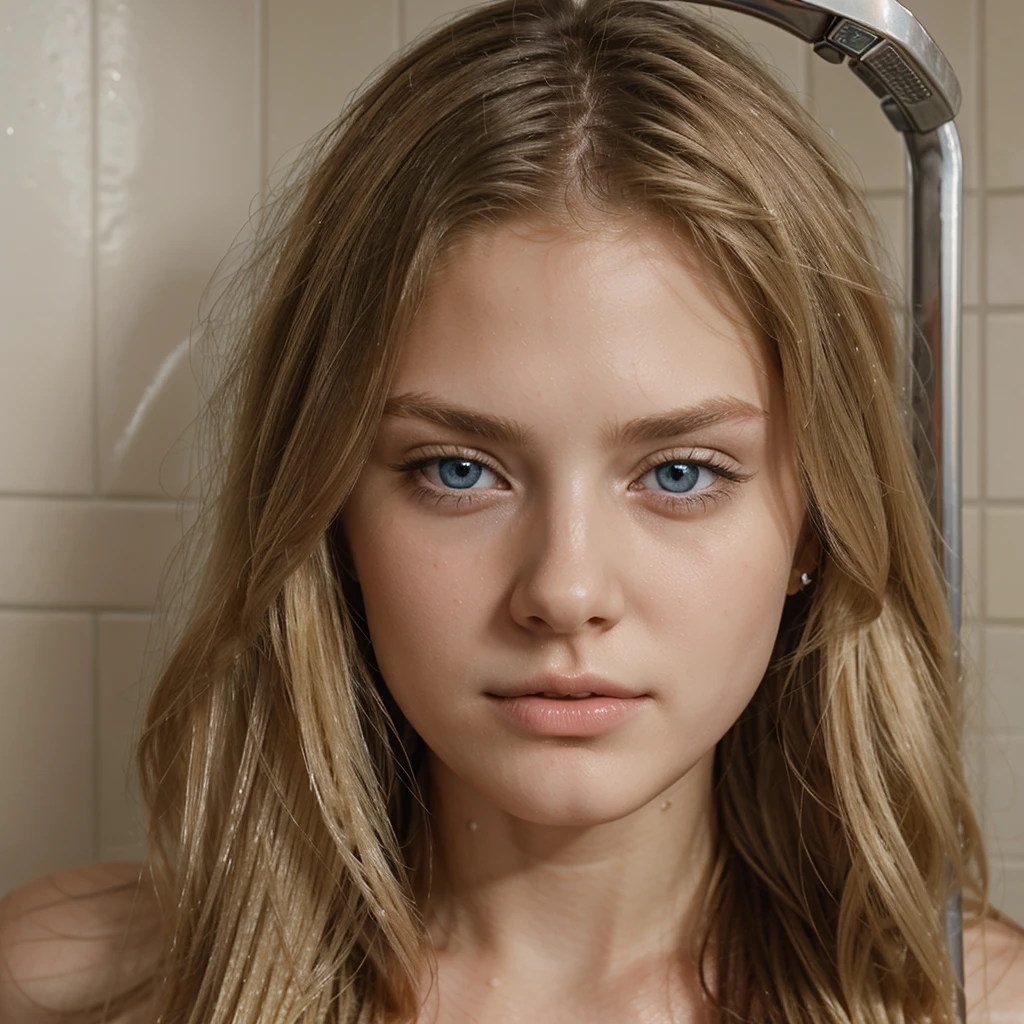 , dirty blonde, long hair, slightly curly hair, 1girl, 1boy, medium penis, side view, nude, shower, deepthroat, all the way to the base