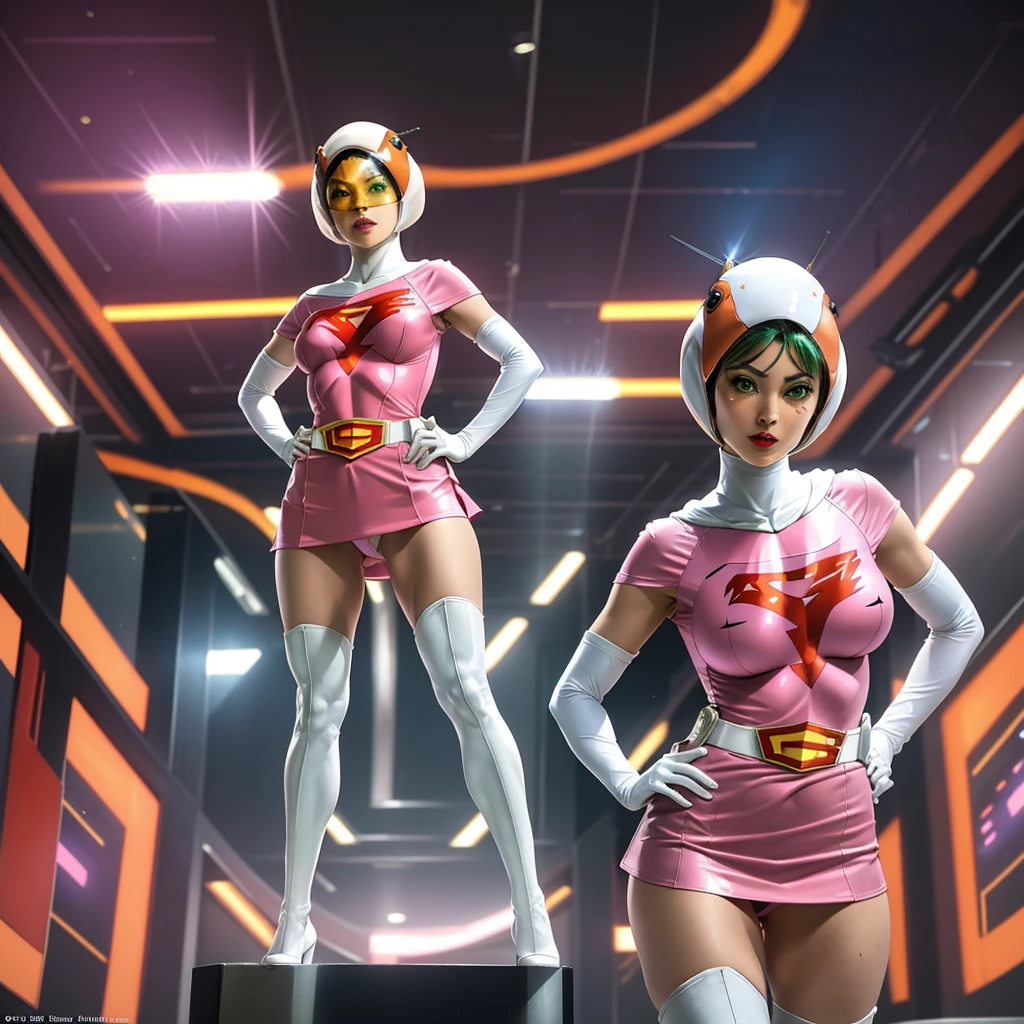ANI_CLASSIC_jun_gatchaman_ownwaifu,1girl, ,good anatomy, masterpiece, best quality,realistic, hyperrealistic, 16k hdr,breasts,green eyes,lips,large breasts,lipstick,makeup,gloves,cape,helmet,belt,elbow gloves,white gloves,mask,ultra miniskirt,leotard,spacesuit,white tight overknee highheels boots,pink dress,superhero,bodysuit,cleavage,erected nipples,((stand pose,hands on hip,view from below)),cameltoe