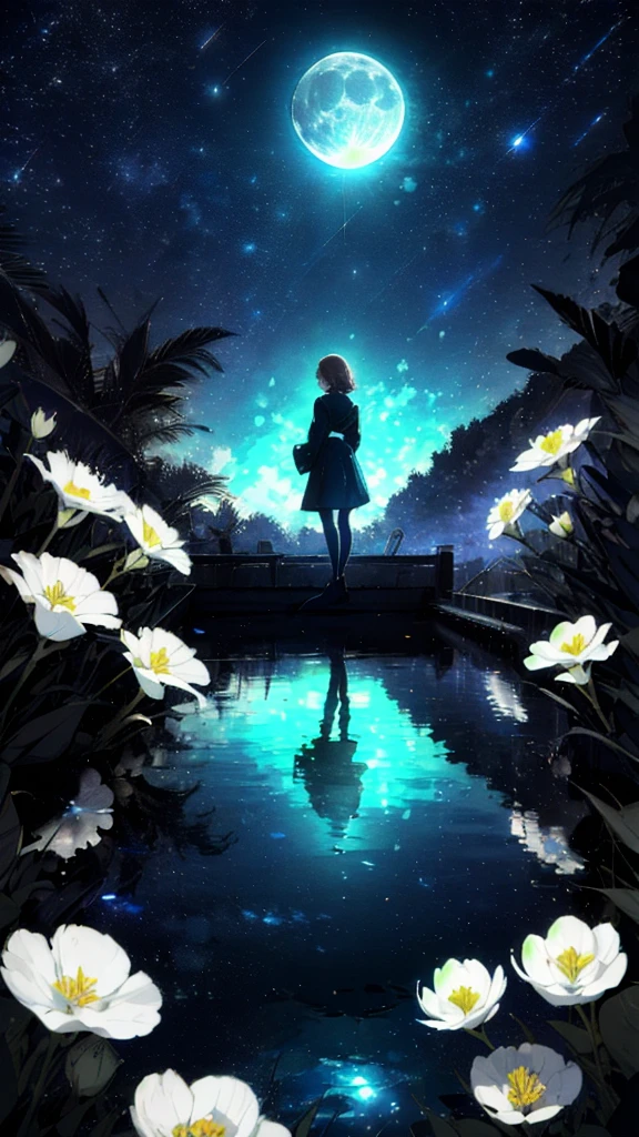A girl, Solitary, Stand on the water, Reflective surface, , Cat ear, (poster:0.76), (Palm leaves), White flowers, (Blue light glow:1.2), night, Dark theme, Starry Sky, dream,moonlight