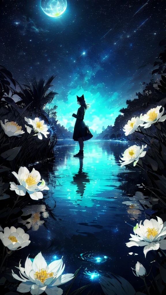 A girl, Solitary, Stand on the water, Reflective surface, , Cat ear, (poster:0.76), (Palm leaves), White flowers, (Blue light glow:1.2), night, Dark theme, Starry Sky, dream,moonlight