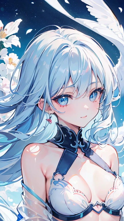 (best quality,4K,high resolution,Extremely detailed,Practical:1.2),,Light blue hair, beautiful blue eyes,Beautiful lips, friendly smile,Go out and play , flat chest , whole body , Adult girl