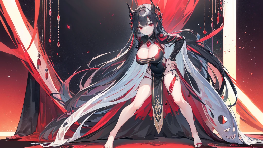 (Exquisite eyes),(Clear and beautiful eyes:1.61),masterpiece, 1 young girl,(Black clothes and some red gems), Black long hair, (She has a huge red gem on her chest), Good Hand,((The Havoc of StarCraft)),full-body shot,Fighting Stance,(Red Eyes:1.466)，short and small,(Very big breasts:1.35),(Pretty Face),(full-body shot:1.33),Beautiful hands