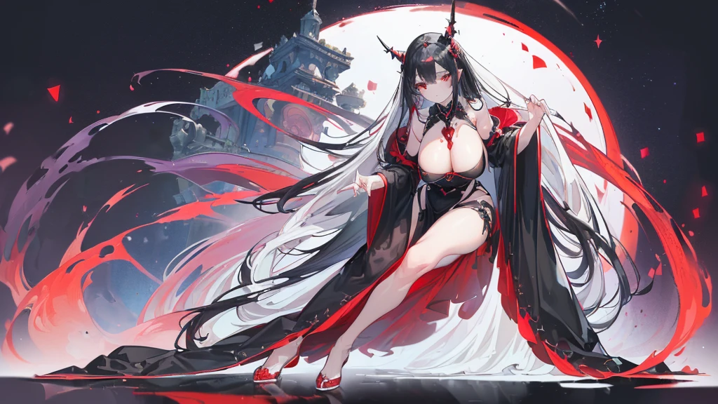 (Exquisite eyes),(Clear and beautiful eyes:1.61),masterpiece, ung girl,(Black clothes and some red gems), Black long hair, (She has a huge red gem on her chest), Good Hand,((The Havoc of StarCraft)),full-body shot,Fighting Stance,(Red Eyes:1.466),short and small,(Very big breasts:1.35),(Pretty Face),(full-body shot:1.33),Beautiful hands