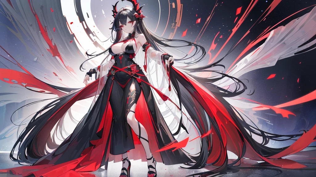 Exquisite eyes),(Clear and beautiful eyes:1.61),masterpiece, 1 young girl,(Black clothes and some red gems), Black long hair, (She has a huge red gem on her chest), Good Hand,((The Havoc of StarCraft)),full-body shot,Fighting Stance,(Red Eyes:1.466),short and small,(Very big breasts:1.35),(Pretty Face),(full-body shot:1.33),Beautiful hands