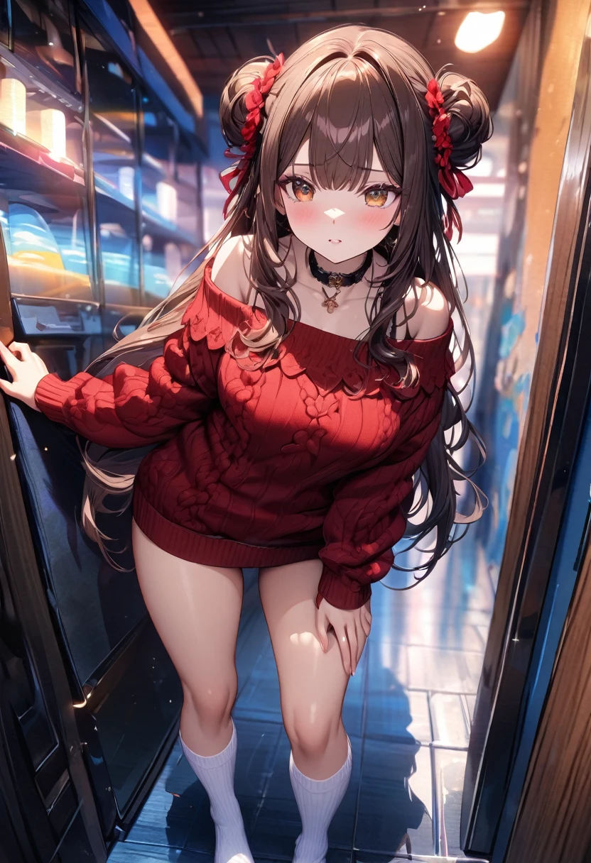 masterpiece, best quality, very aesthetic, newest, absurdres, detailed, high quality
BREAK
highest quality, top quality, details, highres, ultra fine painting, digital art, official art, cinematic, 4k, 8k resolution, 8K CG wallpaper, CG, original artwork, detailed background, colorful background, blue atmosphere, High Dynamic Range, blurry background, blue hour, Starburst effects, crepuscular rays, good ISO, high resolution, wide shot, from far away, RAW photo, POV, sharp focus, light reflection, reflections, intricate details, soft light, particle noise, professional photography, bokeh, depth of field, natural lighting, vibrant colors, looking away, detailed lights and shadows, stylish, ultra-detailed, top rated on Pixiv, trending on Artstation, niji style, modern-days, master crafted, pose
BREAK
solo, close up shot, from above, 1girl, pale skin, correct fingers, detailed hand, (big breasts:1.2), big thighs, small torso, short body, flushtered, blush, anxious expression, embarassed, embarassed act, casual, slim, ((cute, childlike face):1.3), nice hips, nice body, brown hair, (very long flowing hair), (big 2 buns hairstyle)), long bangs, long hair, middle hair bangs, brown eyes
BREAK
(one-piece off shoulder sweater, sweater reaching down to her thighs, white knee-long socks, choker, full body pose)
BREAK
Hanging clothes, folded clothes, walls, changing room, wardrobe