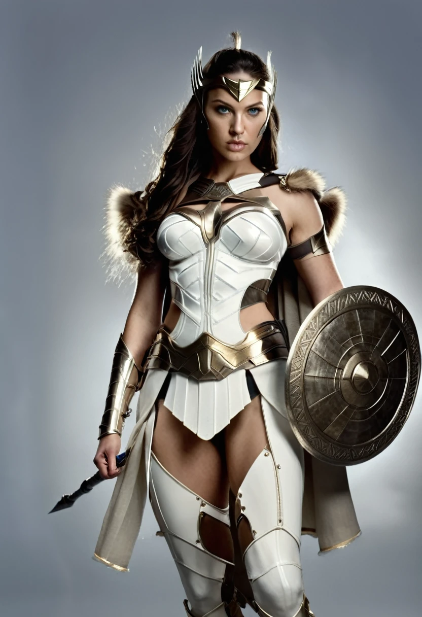 (((full body photo))), sexy Greek warrior female superhero who is a demigoddess , blue eyes and long dark brown hair . She wears a white and gold outfit , she has bracelets that are gold, and has long white boots with a golden outline . she holds a long spear and a shield, she also wears a golden stash around her waist)