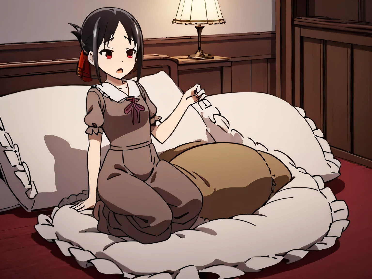 (best quality, masterpiece),full body, 1 girl solo, mine ,nsfw, details, (Light and shadow oxtail , Cute girl posing on pillow ,(Pillow), large pillow,steam, pillow humping,(pillow ride), masturbation, pillow straddling, crotch rub, hump,open mouth , kneeling,(Steaming hot),(pillow), frilled pillow, pillow with frills, (pink pillow), shinomiya kaguya
shinomiyakaguya,
black hair, red eyes,
brown dress, puffy sleeves, short sleeves, red ribbon