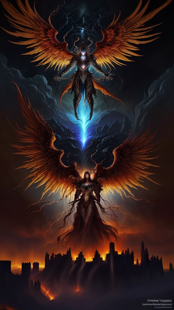 Celestial realm clashing with the inferno, angels with shimmering wings juxtaposed against grotesque demons, ethereal light of paradise waterfalling over golden city ruins, turbulent crimson tempest swirling around obsidian castle, ethereal glow, silhouette of divine soldiers, chaotic battlefield, clashing of good versus evil, digital painting, dramatic lighting, ultra realistic