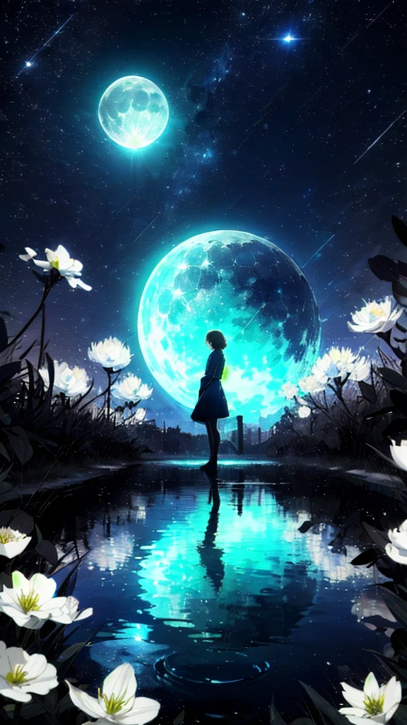 A girl, Solitary, Stand on the water, Reflective surface, , Cat ear, (poster:0.76), (Palm leaves),  White flowers, (Blue light glow:1.2), night, Dark theme, Starry Sky, dream，moonlight